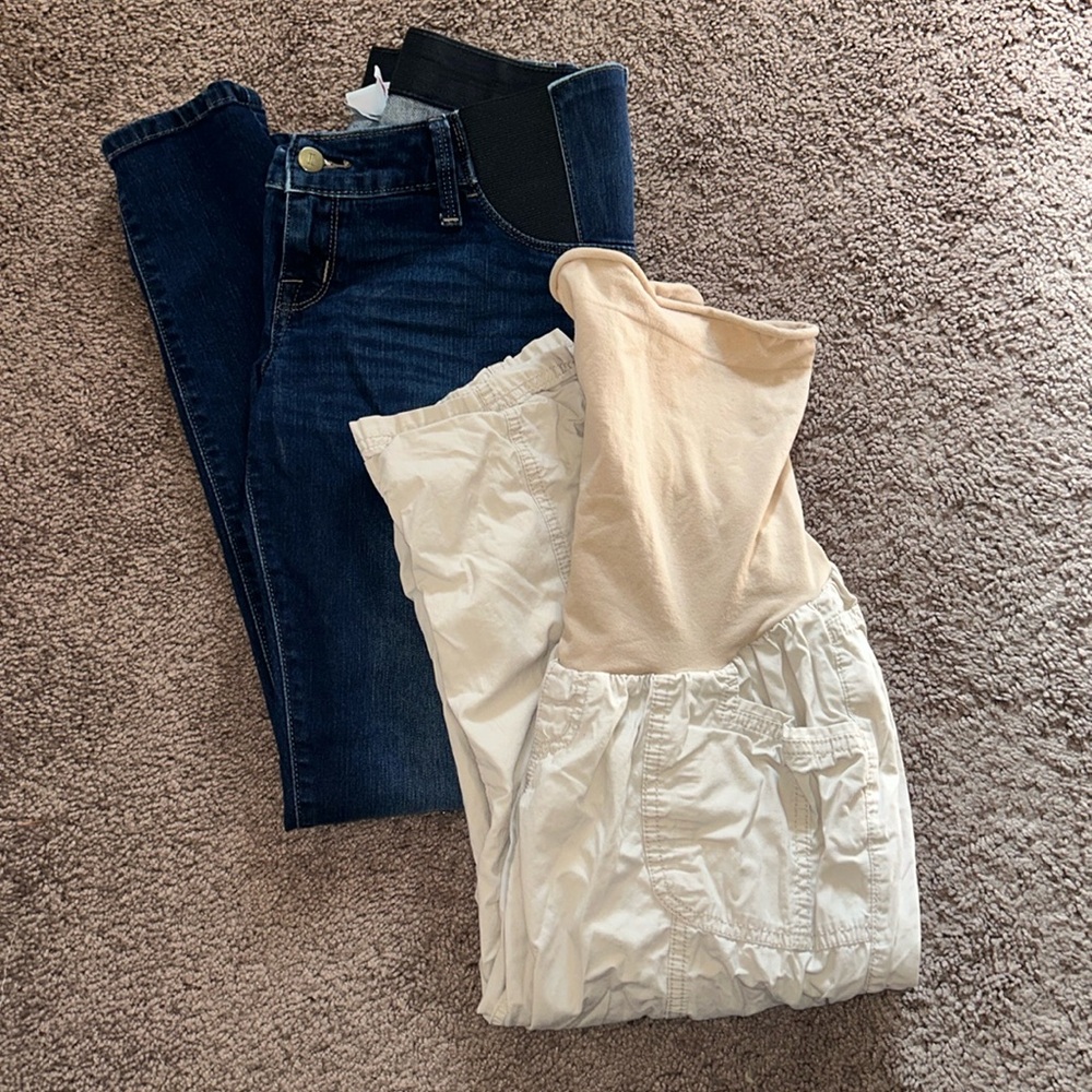 Size medium tan cargo pants and size 6 maternity jeans bundle!